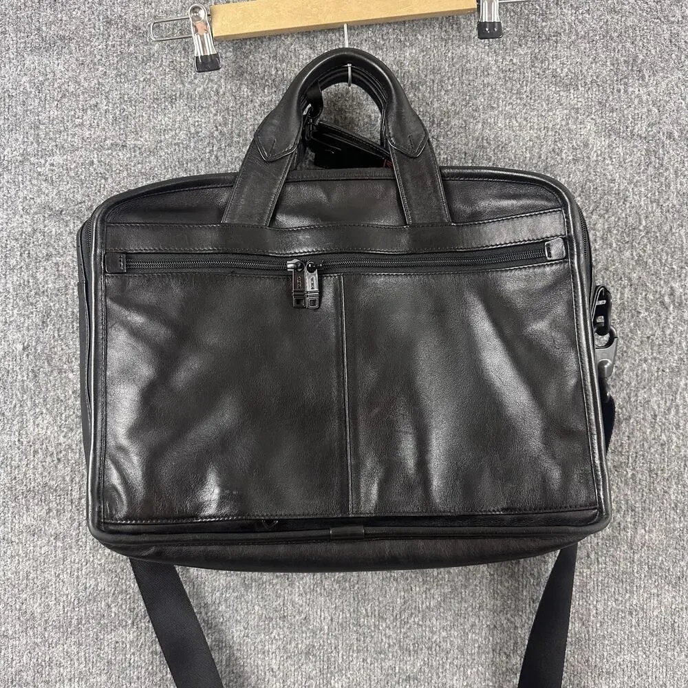 Tumi Expandable Organizer Laptop Briefcase Black Leather Adjustable Strap Office